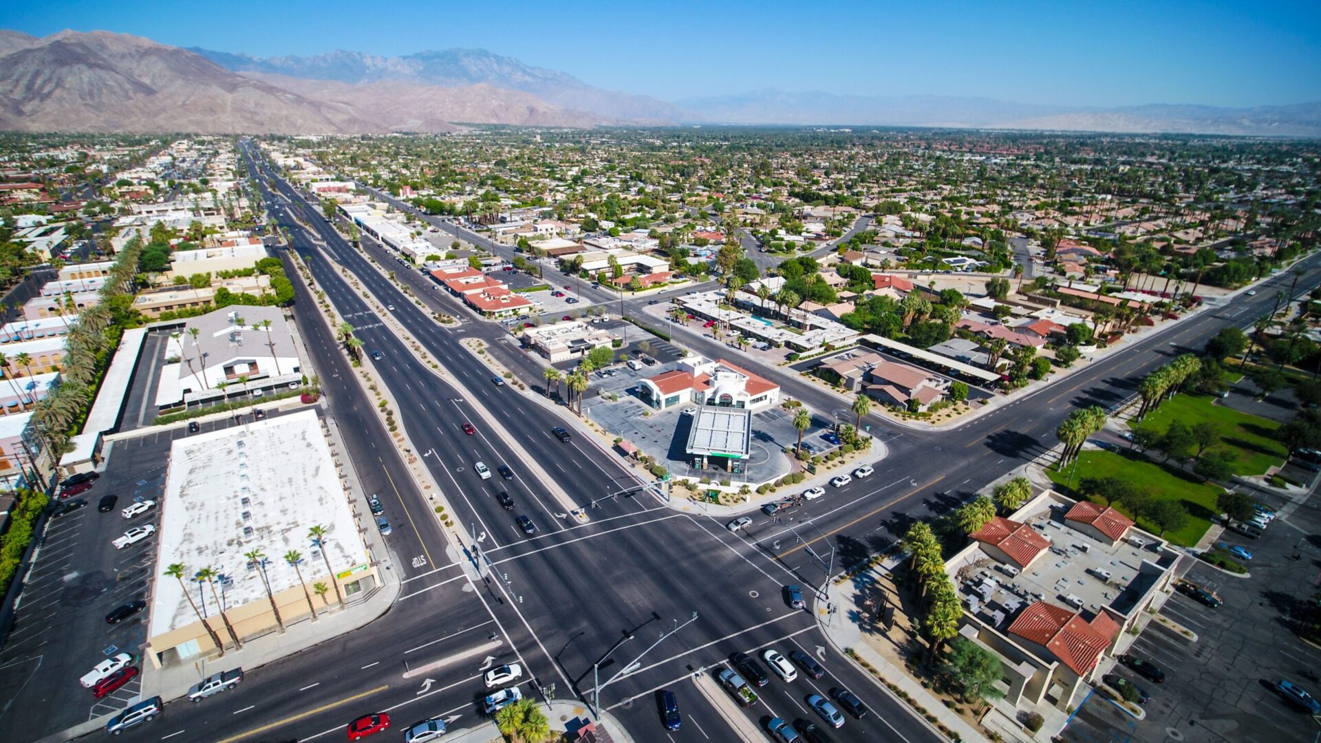 Aerial over highway 111 in the heart of the Coachella Valley.